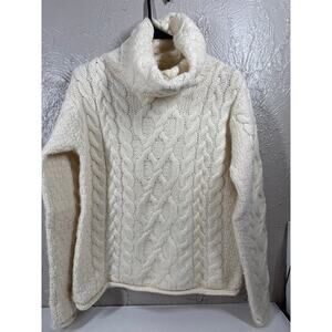 Inis Crafts Womens Turtleneck Fisherman Sweater Ivory Cable Knit Wool Ireland S‎